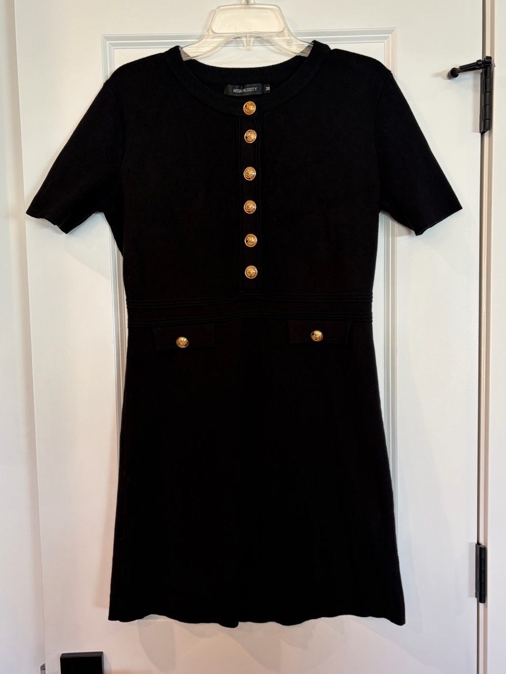 Short Sleeve Black Mini Dress with Gold Button Accents EUC